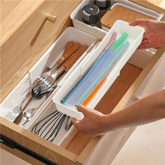 Expandable Straw Drawer Organizer Clear Plastic Kitchen Utensil Storage Holder - Picture 6 of 8